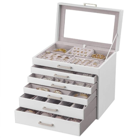 Cutii bijuterii - Cutie pentru Bijuterii si Ceasuri cu 5 Sertare si Oglinda din MDF si Catifea 30.2 x 21 x 31.3 cm Alb – IoArtify.ro