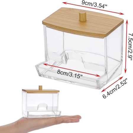 Cutie pentru Depozitare Betioase de Ureche din Plastic cu Capac din Lemn de Bambus 9 x 7.5 cm – IoArtify.ro [2]