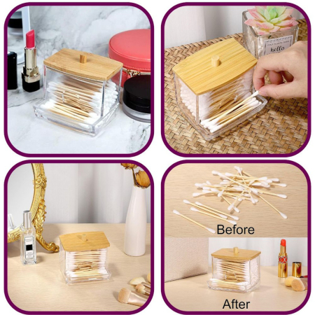 Cutie pentru Depozitare Betioase de Ureche din Plastic cu Capac din Lemn de Bambus 9 x 7.5 cm – IoArtify.ro [5]