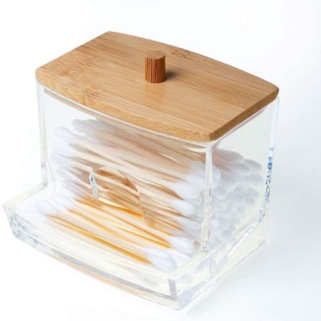 Accesorii baie - Cutie pentru Depozitare Betioase de Ureche din Plastic cu Capac din Lemn de Bambus 9 x 7.5 cm – IoArtify.ro