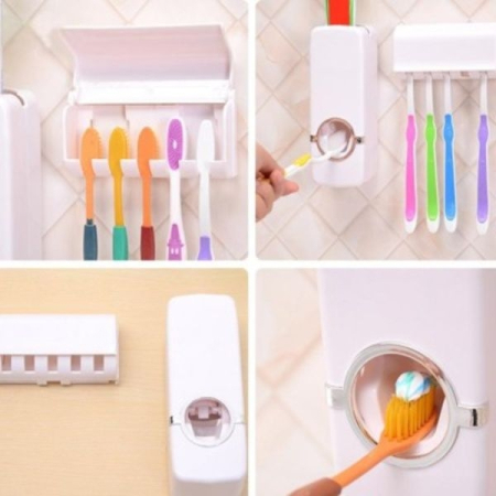 Dozator Pasta de Dinti si cu Suport pentru 5 Periute Auto-Adeziv Fixare pe Perete Alb Capacitate 250ml – IoArtify.ro [7]