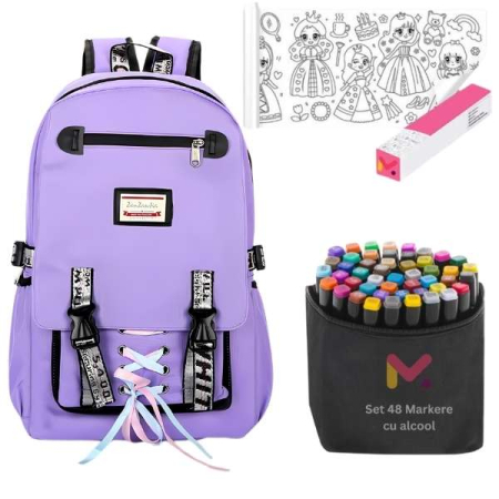Pachete Promoționale - Ghiozdan pentru Copii Impermeabil cu Port USB 30 x 14 x 47 cm Violet cu Rola Hartie Autoadeziva pentru Desenat 3 m x 30 cm Model Printese si 48 Markere Colorate – IoArtify.ro