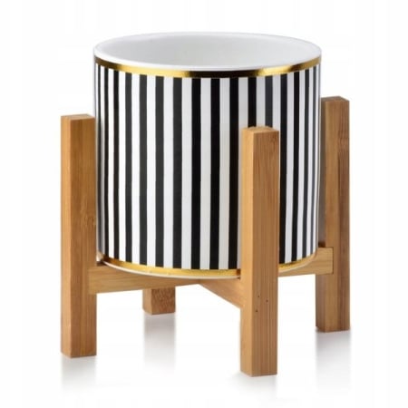 Ghivece pentru flori - Ghiveci ceramic pentru flori Luxury cu suport din lemn diametru 12,5 cm înălțime 16,5 cm Alb Negru Auriu – IoArtify.ro