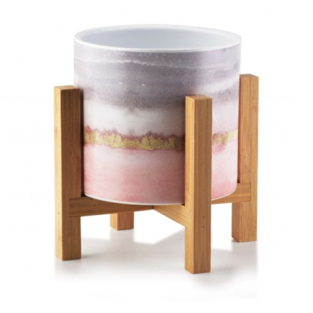 Decor Interior - Ghiveci ceramic pentru flori Luxury cu suport din lemn diametru 12,5 cm înălțime 16,5 cm Gri – IoArtify.ro