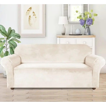 Decoratiuni Interioare - Husă universală pentru canapea 3 locuri, imitatie catifea, culoare BEJ, ușor de spălat și ajustabilă