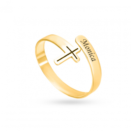 Inele Aur 14K Personalizate - Inel Cross din Aur 14K Personalizabil cu Nume sau Mesaj – Bijuterie Religioasă Elegantă și Unică