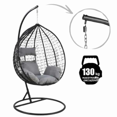 Leagan gradina tip cuib suspendat cu cadru metalic și perne gri, rezistent UV, până la 130 kg [1]