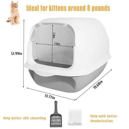 Litiera Acoperită pentru Pisici Mercaton cu Filtru, Lopată, Design Modern și Igienic, Alb-Gri [3]