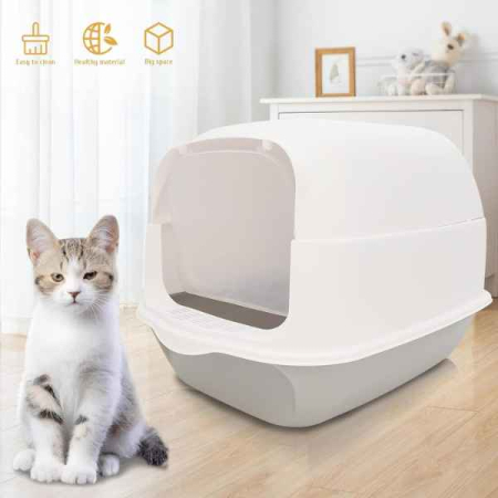 Litiera Acoperită pentru Pisici Mercaton cu Filtru, Lopată, Design Modern și Igienic, Alb-Gri [5]