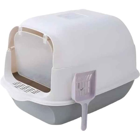 Pet Shop - Litiera Acoperită pentru Pisici Mercaton cu Filtru, Lopată, Design Modern și Igienic, Alb-Gri