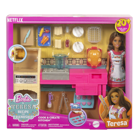 JOCURI SI JUCARII - Barbie si Teresa Reteta pentru Prietenie Set Papusa Teresa si Bucatarie cu Accesorii cu 15 piese - IoArtify.ro