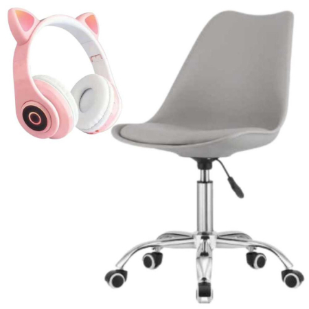 Scaune birou - Scaun de Birou cu 5 Roti din Cauciuc Perna din Piele Ecologica si Sezut din PP Cadru Aluminiu 49 x 42 x 86-101 cm Gri si Casti Wireless cu LED si Slot Card Model Urechi Pisica Roz – IoArtify.ro