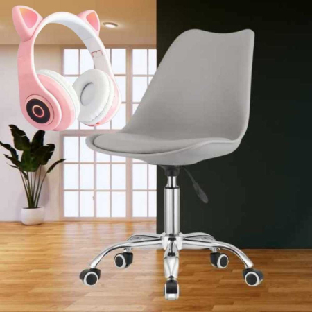 Scaun de Birou cu 5 Roti din Cauciuc Perna din Piele Ecologica si Sezut din PP Cadru Aluminiu 49 x 42 x 86-101 cm Gri si Casti Wireless cu LED si Slot Card Model Urechi Pisica Roz – IoArtify.ro [5]