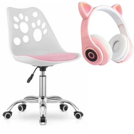 Scaune birou - Scaun de Birou cu 5 Roti din Cauciuc Perna din Piele Ecologica si Sezut din PP Cadru Aluminiu 50 x 60 x 89 cm Alb cu Roz si Casti Wireless cu LED si Slot Card Model Urechi Pisica Roz – IoArtify.ro