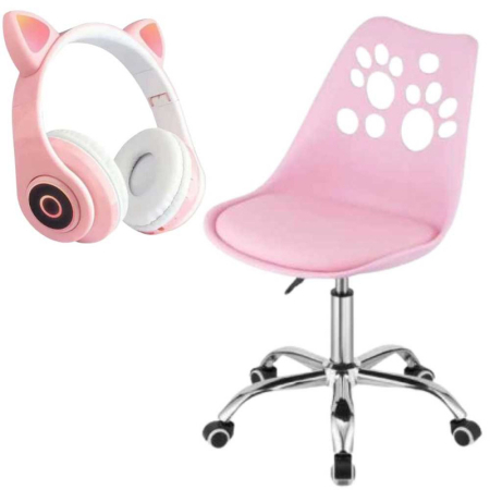 Scaune birou - Scaun de Birou cu 5 Roti din Cauciuc Perna din Piele Ecologica si Sezut din PP Cadru Aluminiu 50 x 60 x 89 cm Roz si Casti Wireless cu LED si Slot Card Model Urechi Pisica Roz – IoArtify.ro