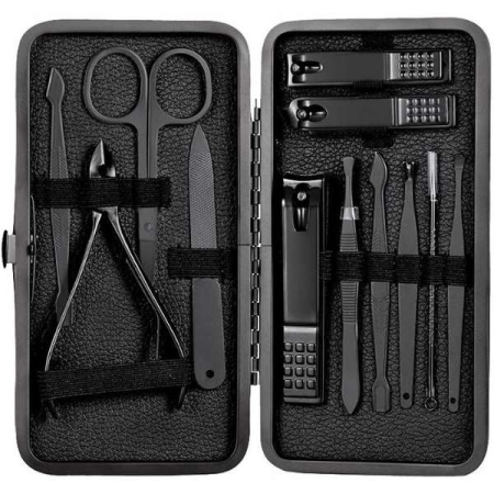 LIFESTYLE & PERSONAL - Set 12 Piese pentru Manichiura si Pedichiura cu Trusa din Piele Ecologica Negru cu Instrumente din Oțel Inoxidabil - IoArtify.ro
