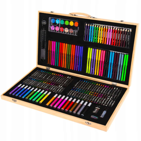 Set 180 piese pentru desen pentru copii sau adulti creioane colorate vopsele si markere cu geanta de transport din lemn masiv model AVX-WT-ART-10 capacitate completa de culori – IoArtify.ro [1]