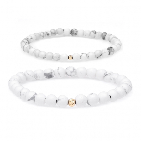 Brățări Elastice cu Aur 14K - Set de 2 Brățări Elegance cu Howlit și Bile din Aur 14K – Cadou Perfect pentru Cuplu