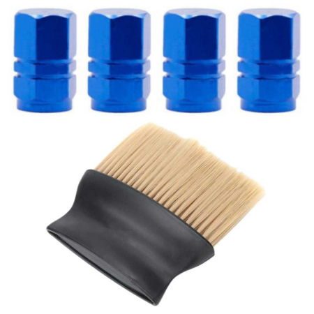 Accesorii roți - Set 4 Capace Hexagonale pentru Valve Auto din Aluminiu 1.8 cm Albastru si Perie SoftTouch cu Fire din Nylon si Manger Ergonomic – IoArtify.ro