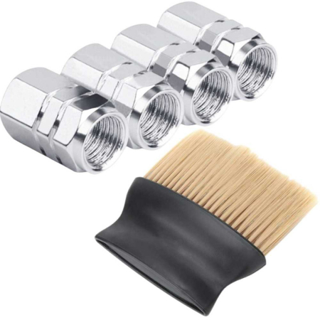 Accesorii roți - Set 4 Capace Hexagonale pentru Valve Auto din Aluminiu 1.8 cm Argintiu cu Perie SoftTouch din Nylon și Mâner Ergonomic – IoArtify.ro