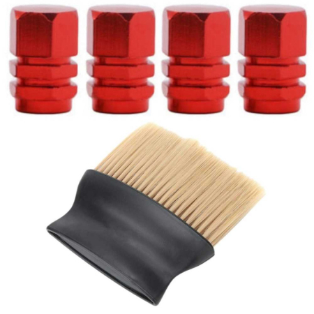Accesorii roți - Set 4 Capace Hexagonale pentru Valve Auto din Aluminiu 1.8 cm Rosu si Perie SoftTouch cu Fire din Nylon si Manger Ergonomic – IoArtify.ro