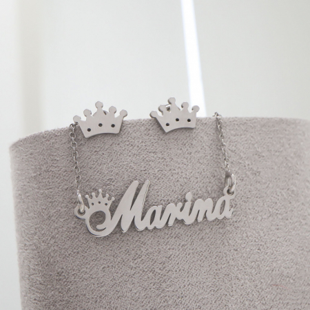 Set Bijuterii din Argint Personalizat: Colier cu Nume și Cercei cu Coronită – Eleganță și Rafinament [1]