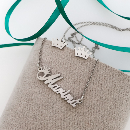 Set Bijuterii din Argint Personalizat: Colier cu Nume și Cercei cu Coronită – Eleganță și Rafinament [2]