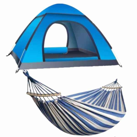 Hobby & Timp Liber - Set Cort Automat 3-4 Persoane 200x200x135 cm Impermeabil si Hamac cu Suport Lemn 280x80 cm Maxim 180 kg – IoArtify.ro