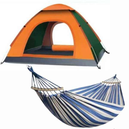 Hobby & Timp Liber - Set Cort Automat 3-4 Persoane 200x200x135 cm Impermeabil si Hamac cu Suport Lemn 280x80 cm – IoArtify.ro