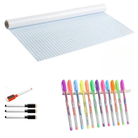 Pachete Promoționale - Set Rola de hartie autoadeziva pentru scris si desenat cui 4 markere cu magnet si burete si 36 pixuri parfumate cu gel cu sclipici permanente 200 x 45 cm – IoArtify.ro