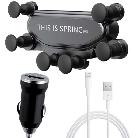 CADOURI, HOBBY & ARTE - Suport Auto pentru Telefon cu Prindere pe Grila Ventilatie Rotativ 360° si Cablu USB Lightning 2A 1m Fast Charging - IoArtify.ro