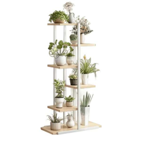 Articole pentru Casa - Suport decorativ pentru flori cu 6 rafturi – Design modern alb și maro, durabil și ușor de montat