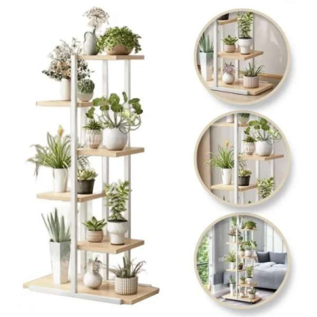 Suport Decorativ pentru Flori 6 Rafturi din Placi Laminte Cadru Metalic 113x60x20 cm Alb cu Maro – IoArtify.ro [1]