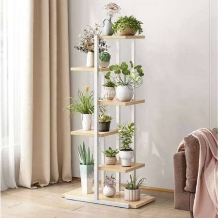 Suport Decorativ pentru Flori 6 Rafturi din Placi Laminte Cadru Metalic 113x60x20 cm Alb cu Maro – IoArtify.ro [3]