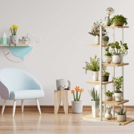 Suport Decorativ pentru Flori 6 Rafturi din Placi Laminte Cadru Metalic 113x60x20 cm Alb cu Maro – IoArtify.ro [4]