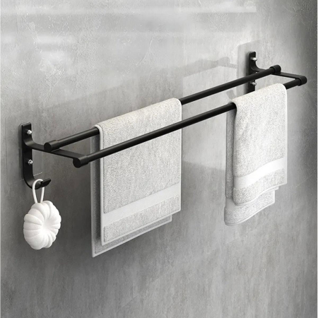 Articole pentru Casa - Suport din aluminiu pentru 2 prosoape și 2 cuiere, negru mat, 60 cm, rezistent la umiditate și abraziune