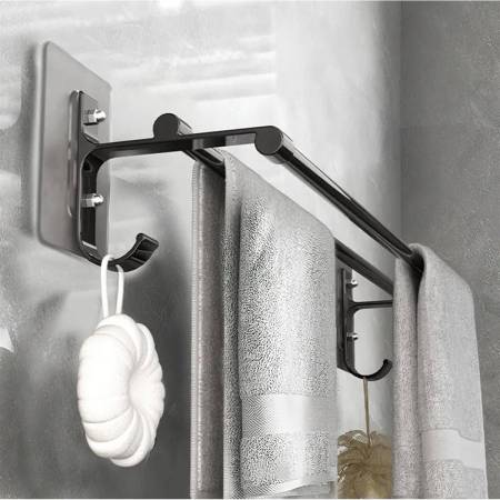 Suport din aluminiu pentru 2 prosoape și 2 cuiere, negru mat, 60 cm, rezistent la umiditate și abraziune [2]
