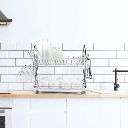 Accesorii baie - Uscator de vase din otel cu doua niveluri si tava din plastic capacitate mare – IoArtify.ro