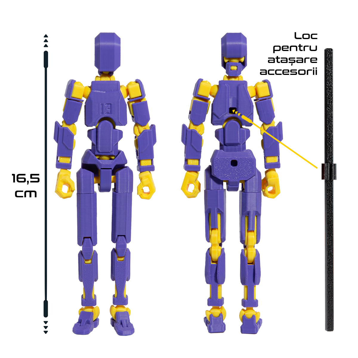 Robot figurina cu articulatii R13, 16,5 cm, imprimat 3D, mov-galben, complet asamblata [4]