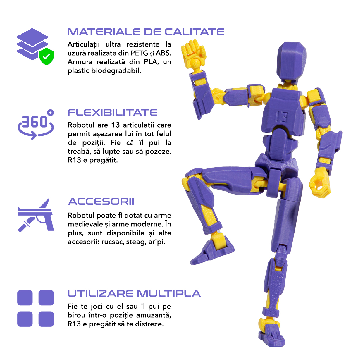 Robot figurina cu articulatii R13, 16,5 cm, imprimat 3D, mov-galben, complet asamblata [2]