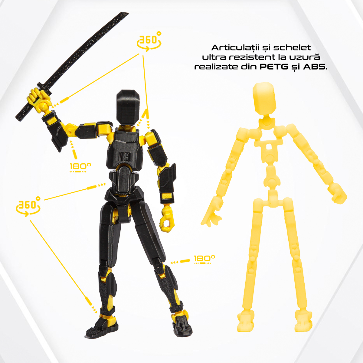 Robot figurina cu articulatii R13, 16,5 cm, imprimat 3D, negru-galben, complet asamblata [3]
