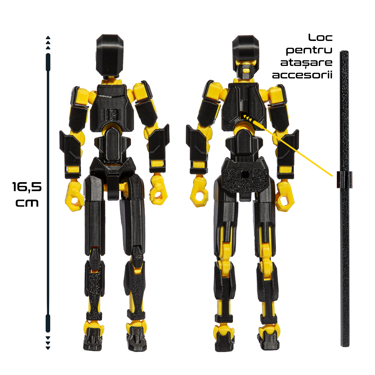 Robot figurina cu articulatii R13, 16,5 cm, imprimat 3D, negru-galben, complet asamblata [4]