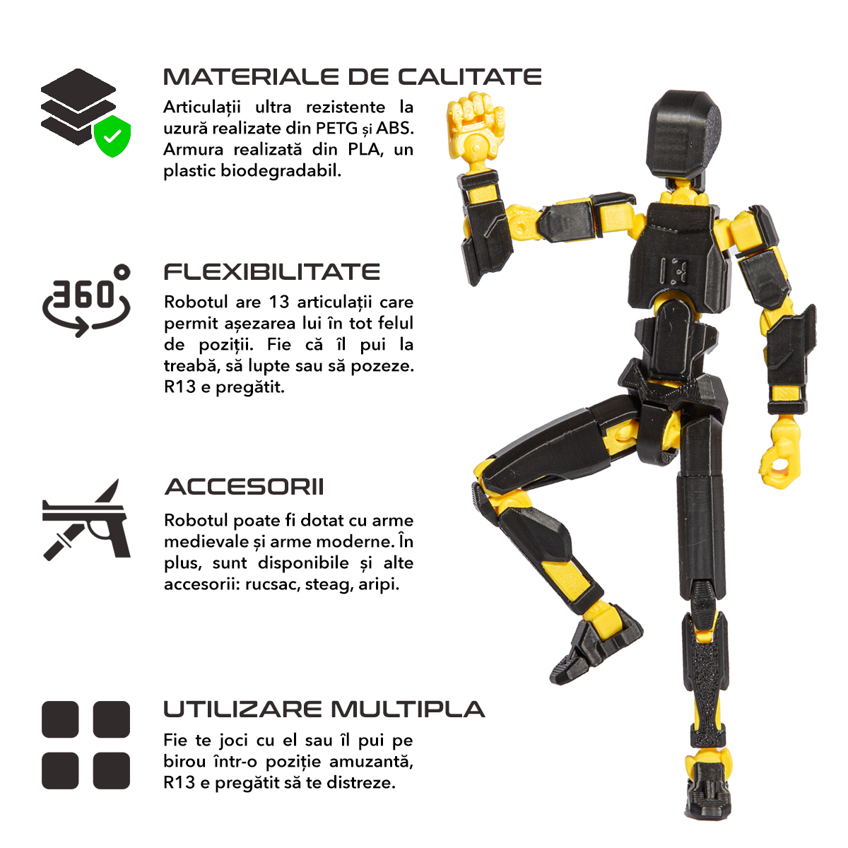 Robot figurina cu articulatii R13, 16,5 cm, imprimat 3D, negru-galben, complet asamblata [2]