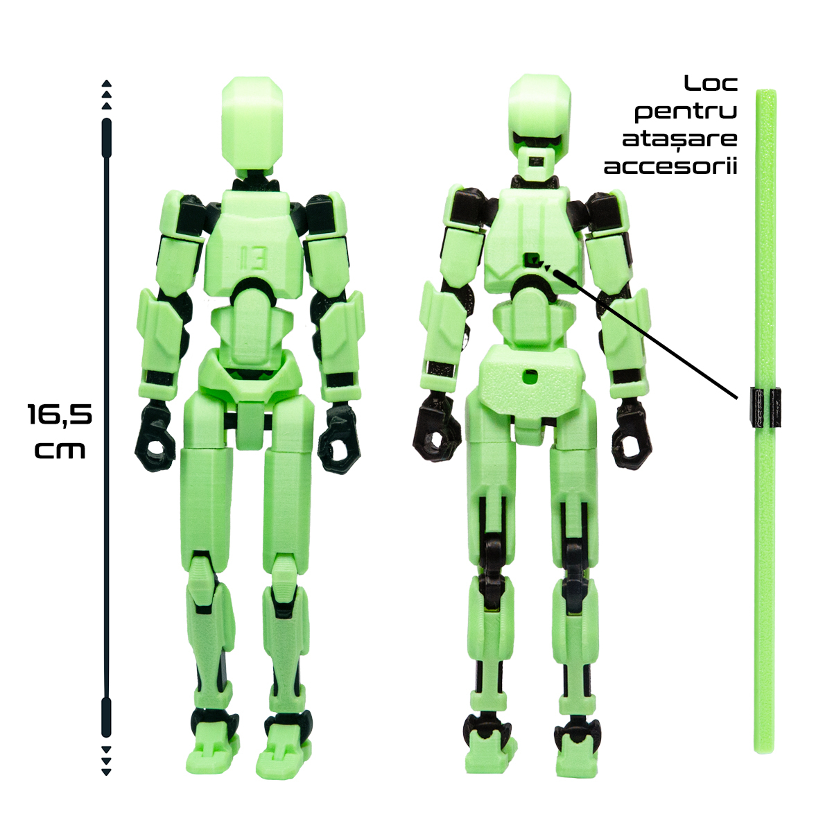 Robot figurina cu articulatii R13, 16,5 cm, imprimat 3D, verde fosforescent, complet asamblata [4]