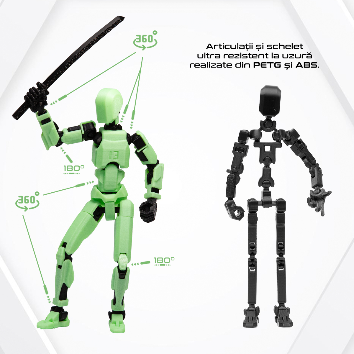 Robot figurina cu articulatii R13, 16,5 cm, imprimat 3D, verde fosforescent, complet asamblata [3]