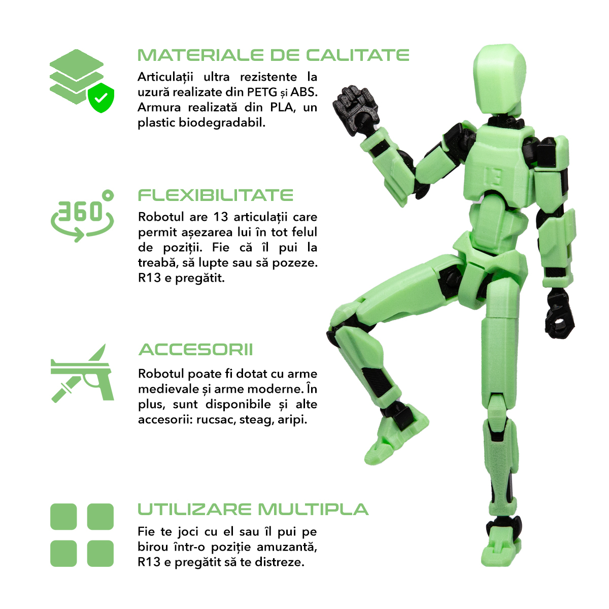 Robot figurina cu articulatii R13, 16,5 cm, imprimat 3D, verde fosforescent, complet asamblata [2]