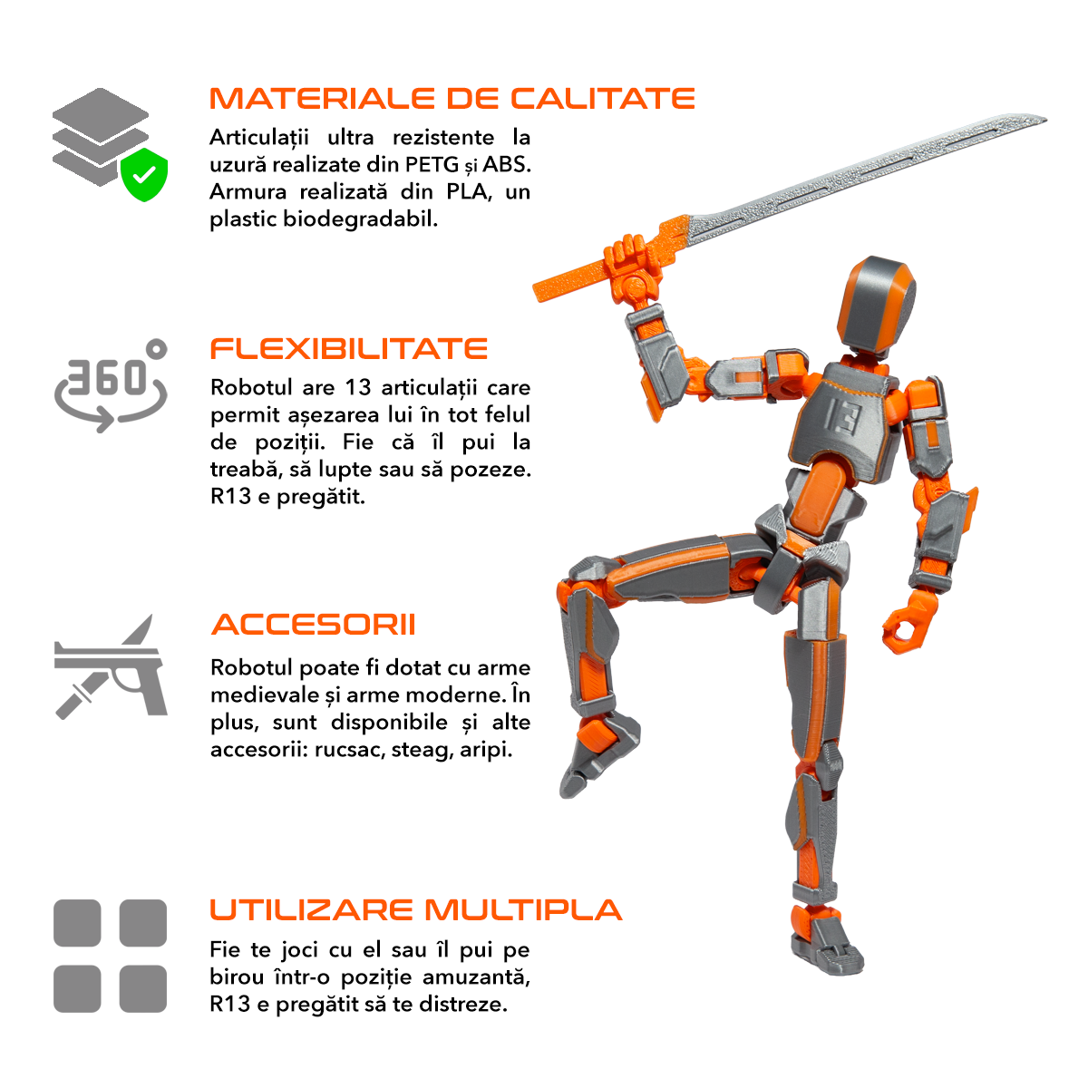 Robot figurina cu articulatii Argintiu-Portocaliu, 16,5 cm, imprimat 3D, complet asamblata [2]