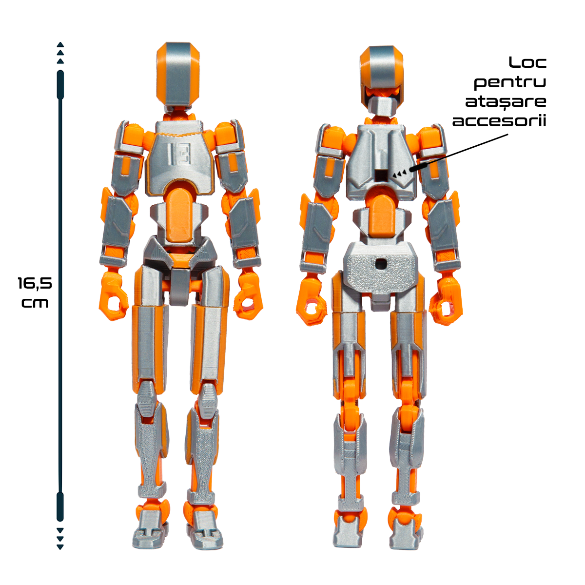 Robot figurina cu articulatii Argintiu-Portocaliu, 16,5 cm, imprimat 3D, complet asamblata [4]