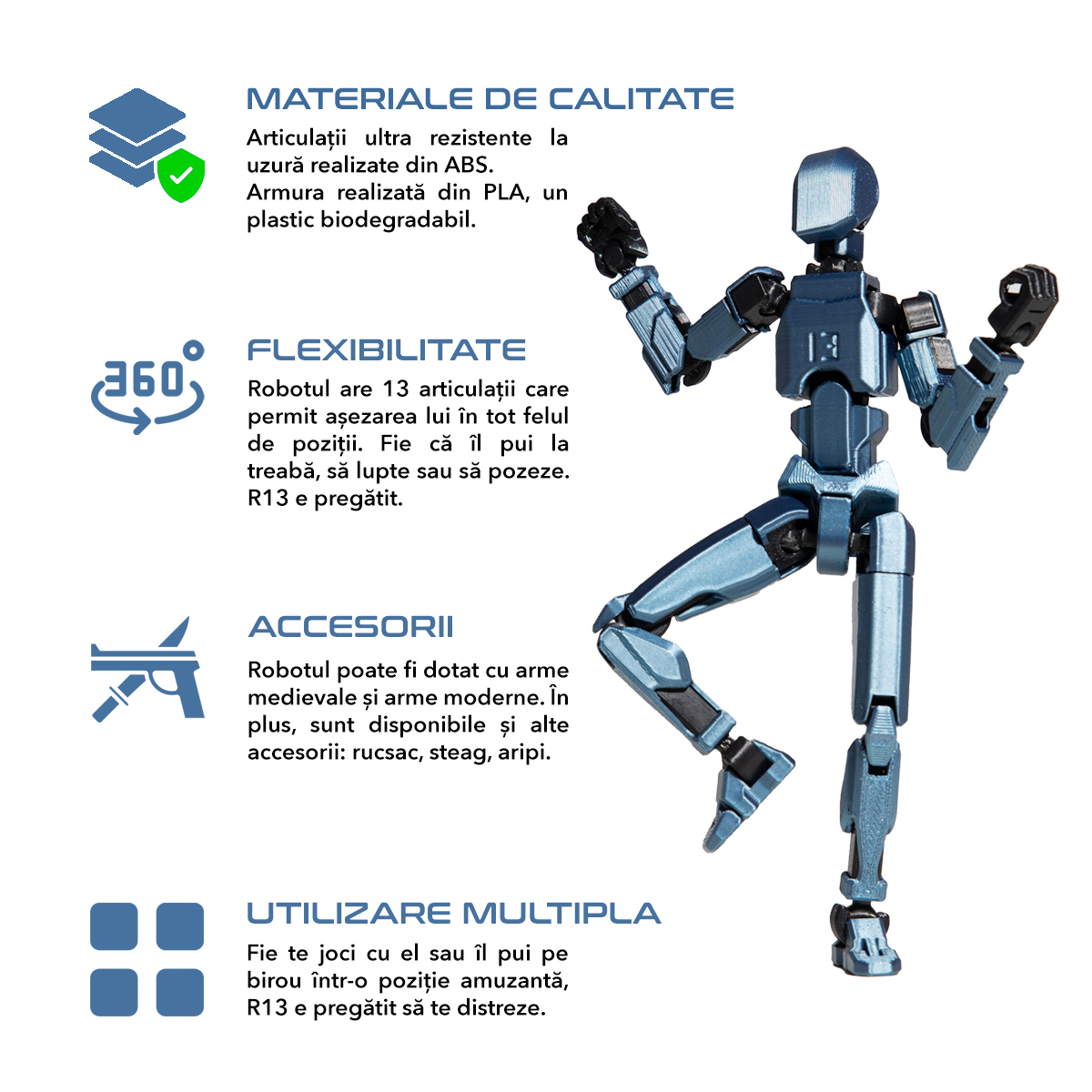 Robot jucarie cu articulatii R13, 16, 5cm, imprimat 3D, complet asamblat -Cobalt Albastru Metalizat [2]