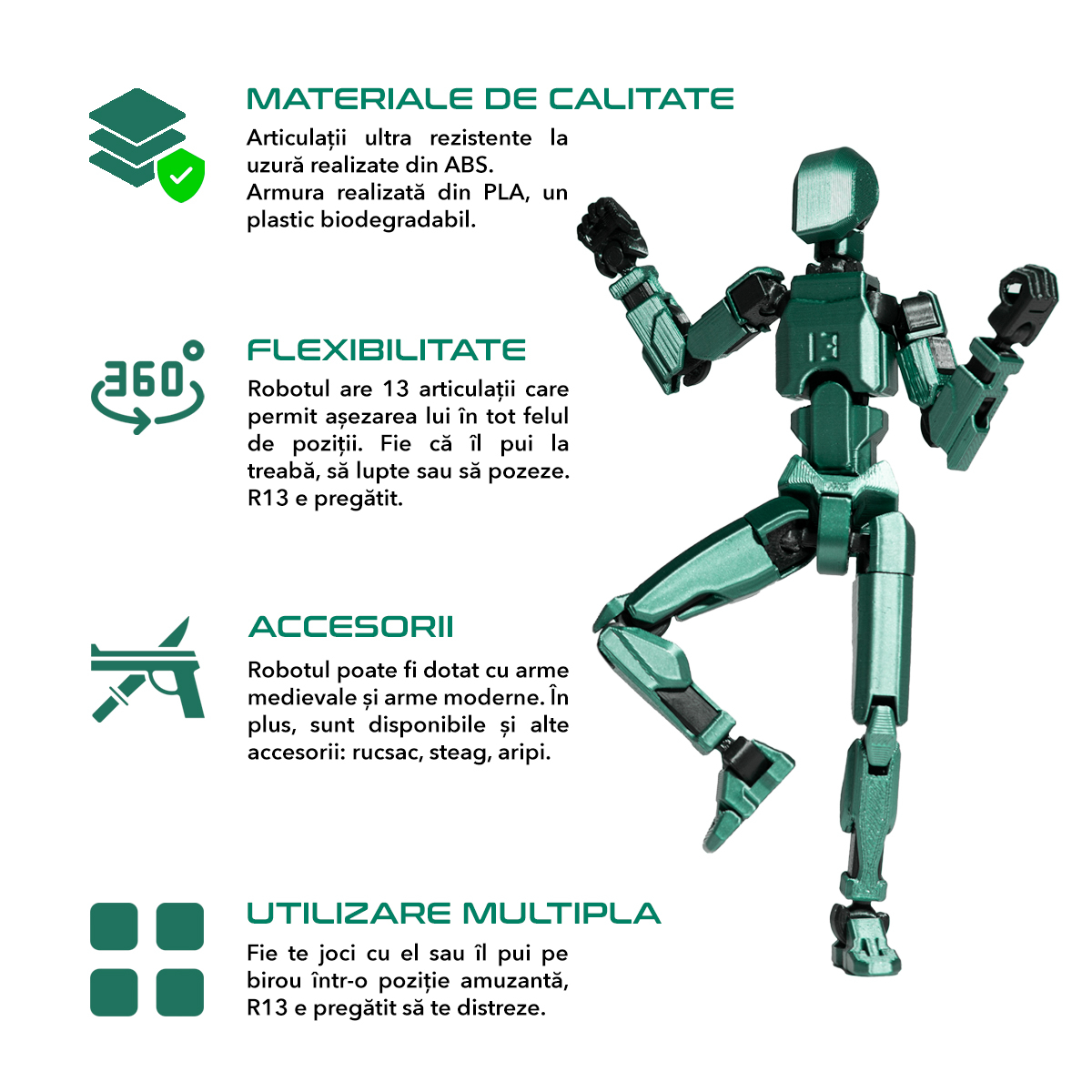 Robot jucarie cu articulatii R13, 16, 5cm, imprimat 3D,  complet asamblat - Onix Verde Metalizat [2]